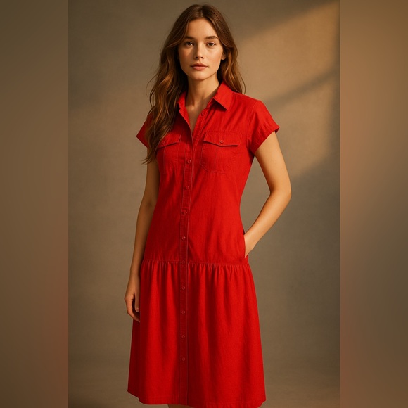 Vintage Dresses & Skirts - Vintage 80’s cotton Dorlene button down drop waist midi dress